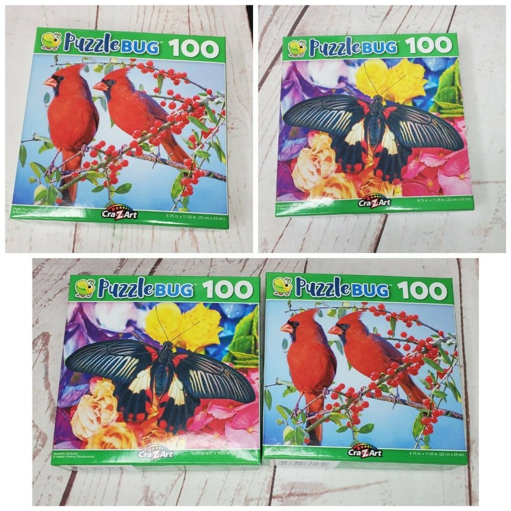 2 Puzzlebug 100 Piece Puzzle Pretty Red Cardinal & Beautiful Butterfly